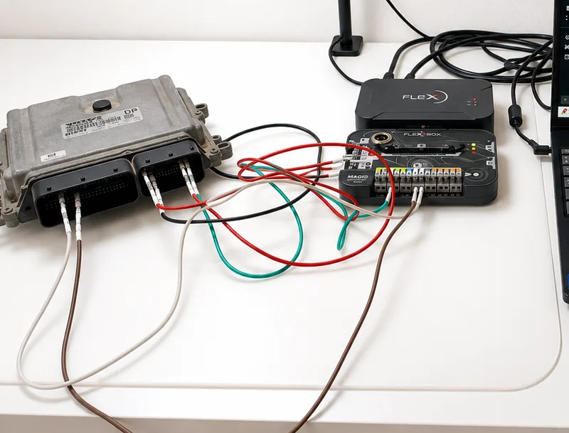 Centralita de motor conectada en el banco para diagnosticar una avería del sistema AdBlue y SCR