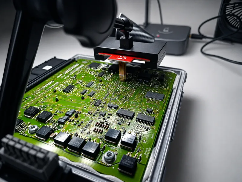 Reparación de un módulo electrónico con el clip de lectura colocado sobre el microcontrolador